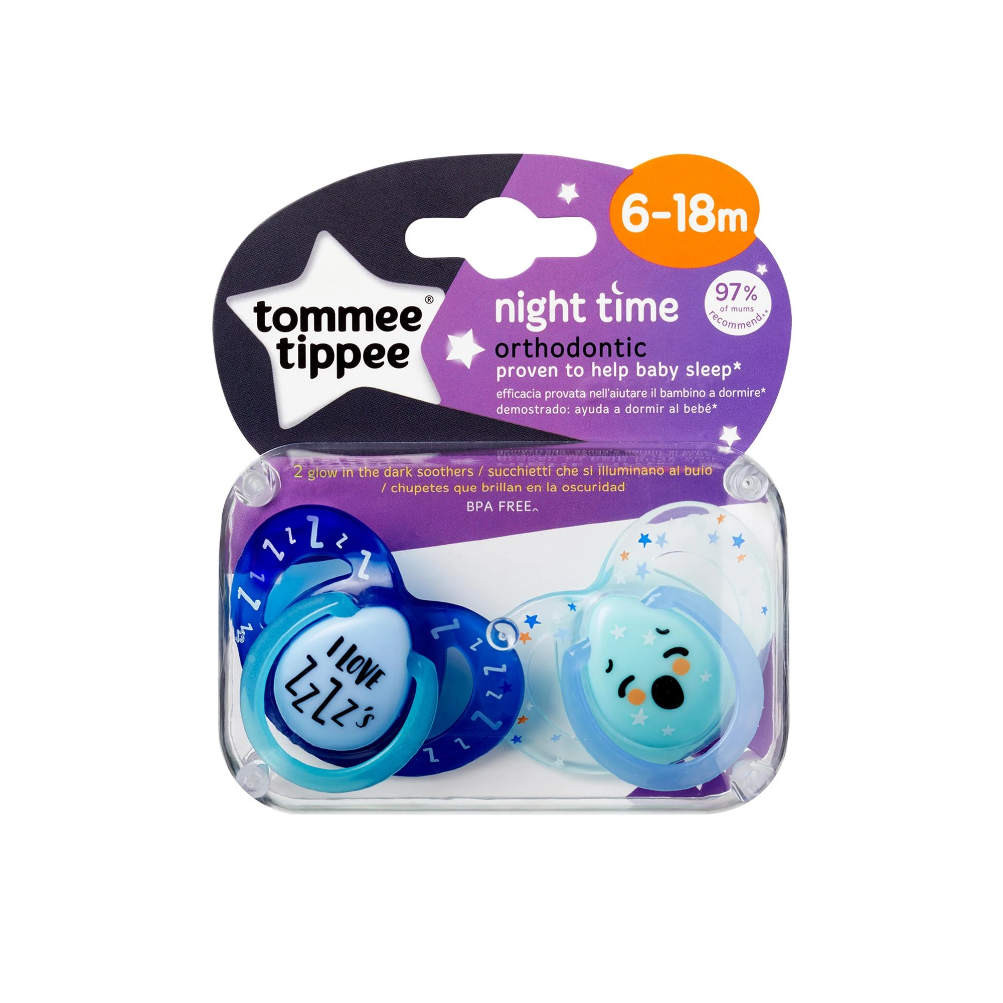 TOMMEE TIPPEE silikoniniai čiulptukai NIGHT STYLE, 6-18 mėn., 2 vnt., 433661