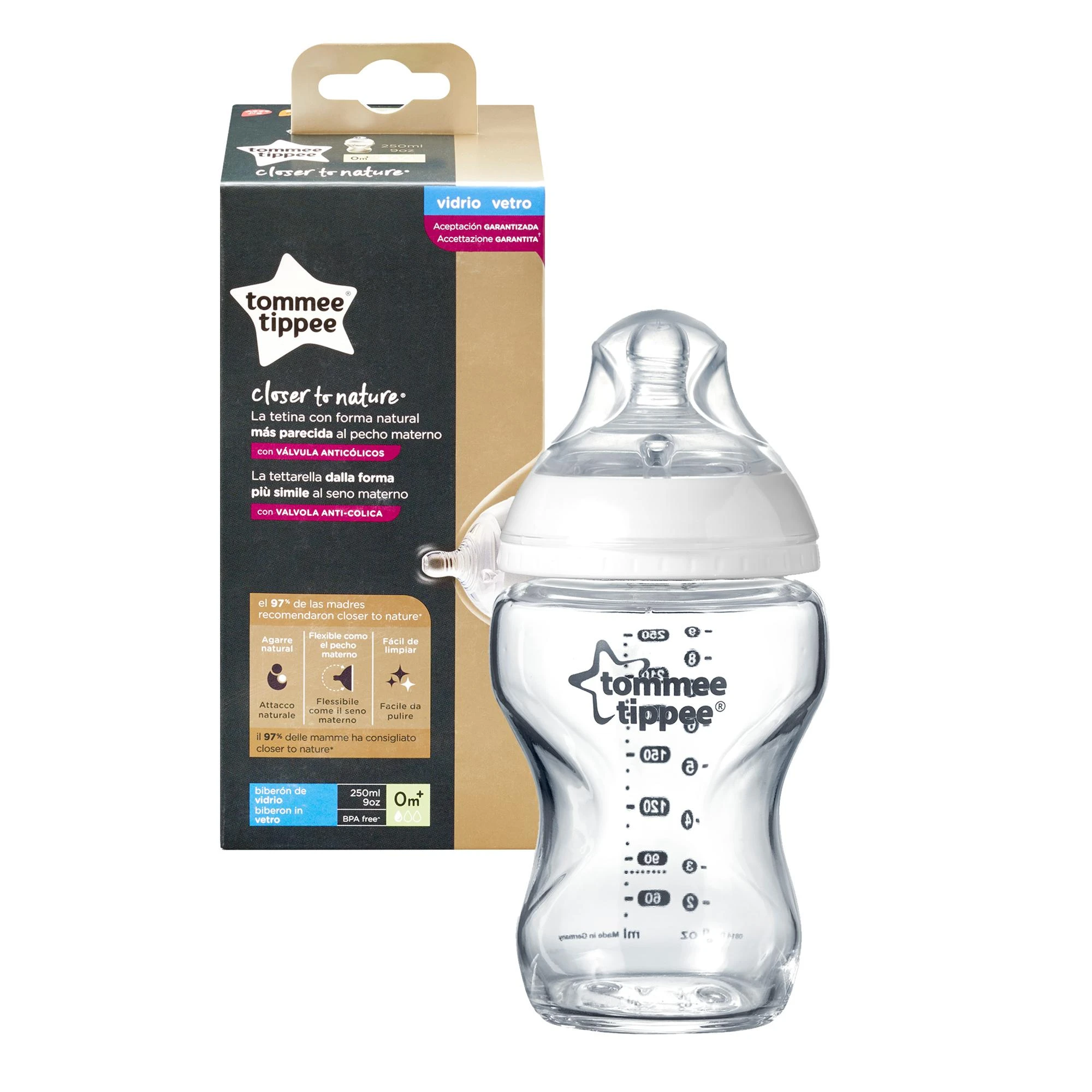Tommee Tippee stiklinis 250 ml buteliukas su pakuote