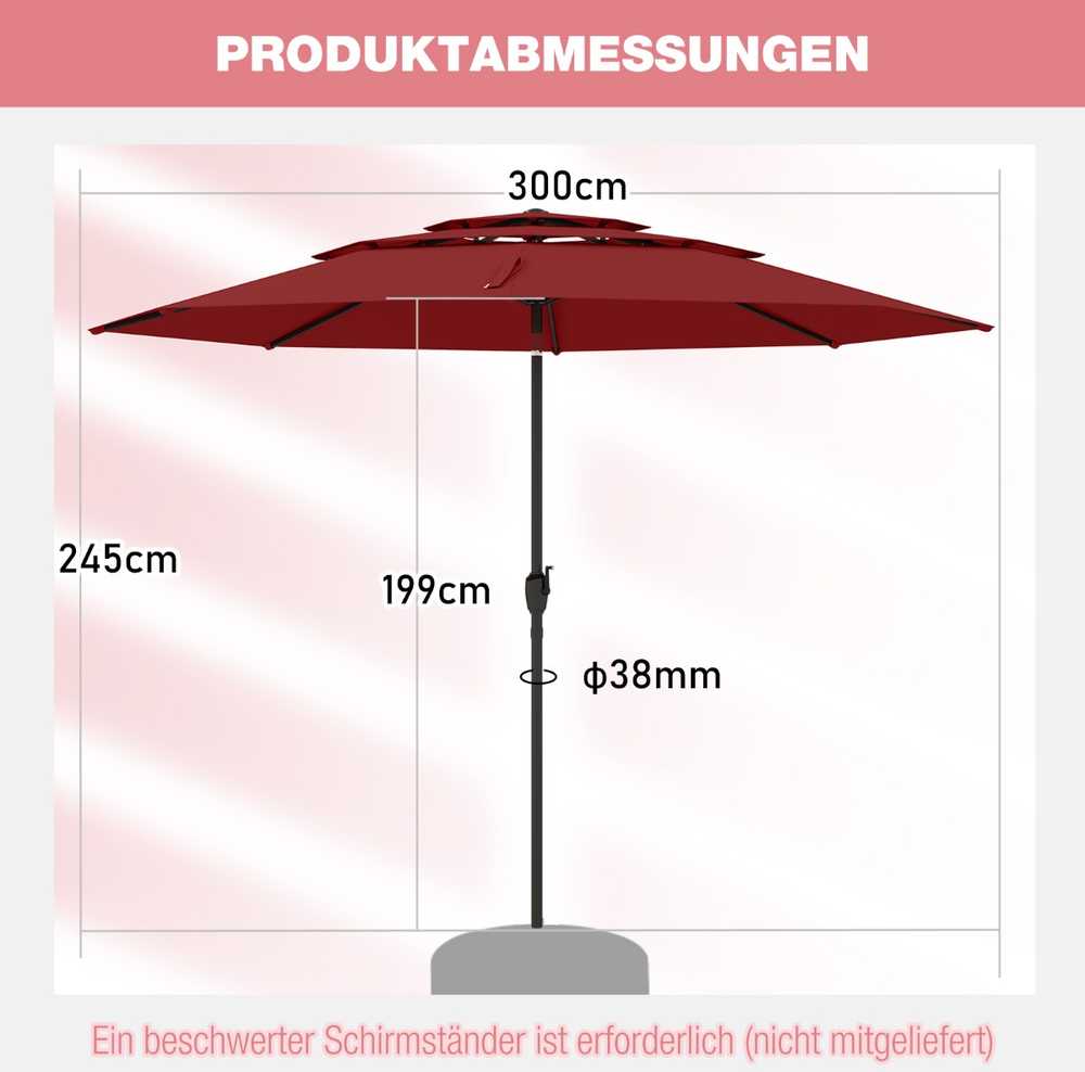 Costway skėtis nuo vėjo stabilus 300 cm sodo skėtis su švaistikliu iš abiejų pusių gali būti sulankstytas 30° vyno raudonu