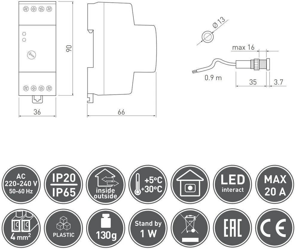 GTV Saulėlydžio jutiklis CZ-1, maks. 4800W, AC220-240V, 50/60Hz, 20A, IP65, veikia su LED, bėg