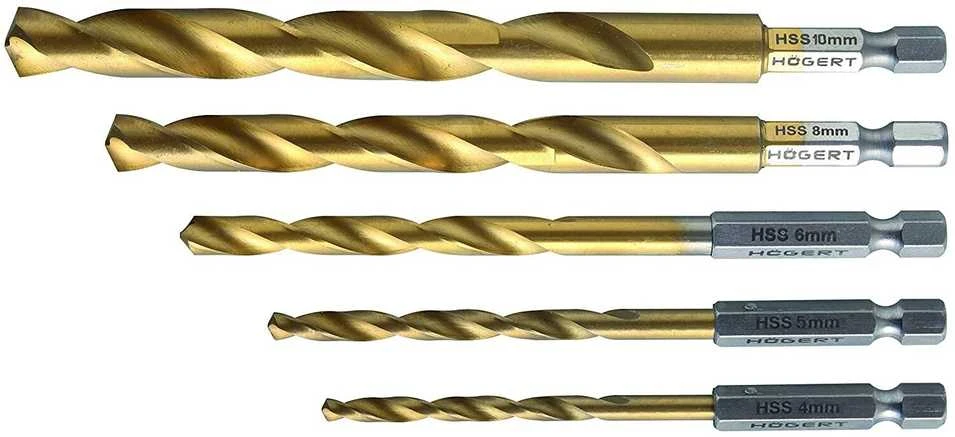 Grąžtas Hogert Metalo grąžtų rinkinys: 4,5,6,8,10 mm, pagamintas iš HSS plieno