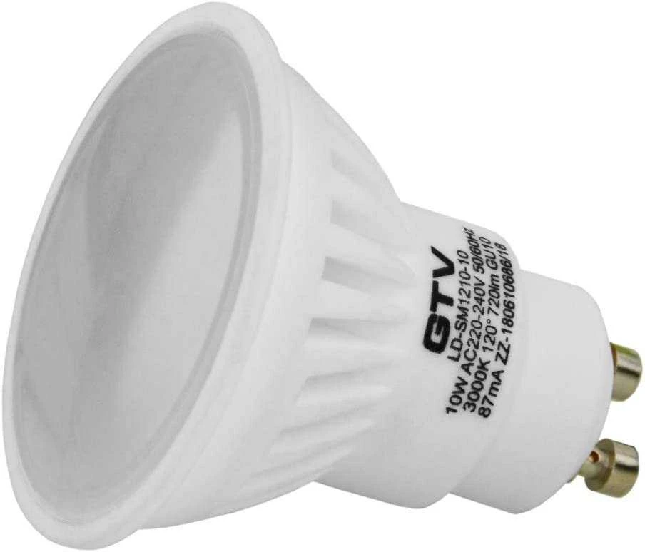 GTV LED lemputė 10W, GU10, SMD 2835, šiltai balta, AC220-240V, šviesos kampas 120°, 720lm, 87m