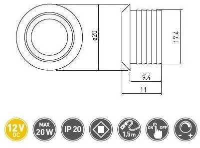 GTV Jutiklinis jungiklis, apšviečiamas, 12 V DC, maks. 20 W, laidas 1500 mm, chromuotas