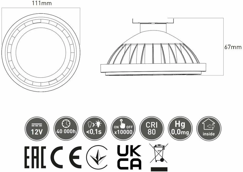 GTV LED lemputė, AR111, 3000K, G53, 12,5 W, DC12V, 120°, 1100lm, balta