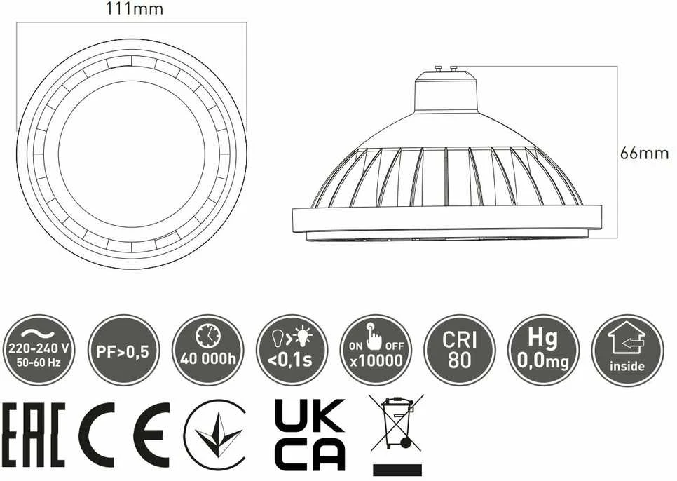 GTV LED lemputė, es111, 3000K, GU10, 12,5 W, AC220-240V, 120°, 1100lm, 109ma, pilka