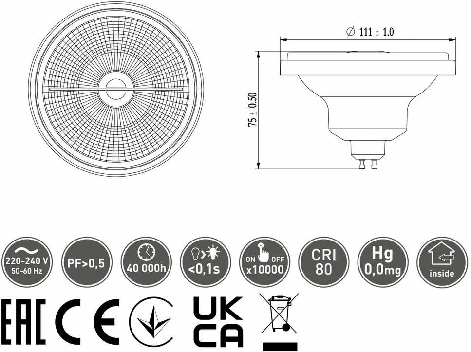 GTV LED lemputė, es111, 4000K, GU10, 11,0 W, AC220-240V, 25°, 900lm, 96ma, Chromas