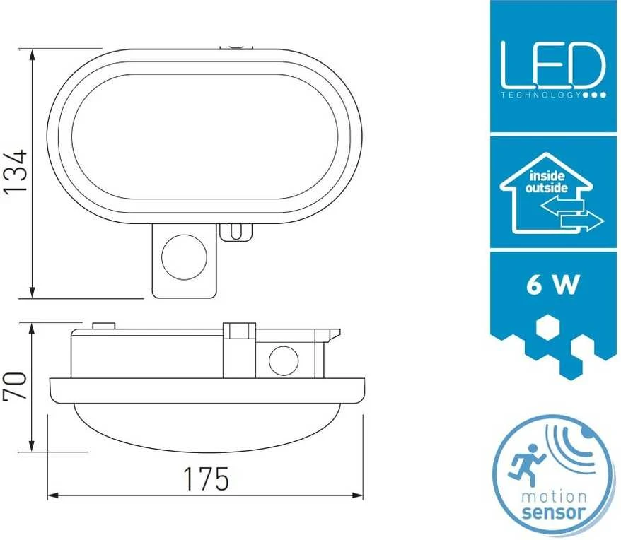 Sieninis šviestuvas GTV LED pertvarinis šviestuvas DELTA 6W OVAL su jutikliu, 6W, 400lm, AC220-240V, 50/60 Hz, PF>