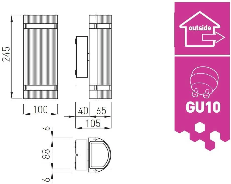 GTV Sieninis šviestuvas dviejų krypčių SILVA, GU10, MAX.2x50W, IP54, AC220-240V, 50/