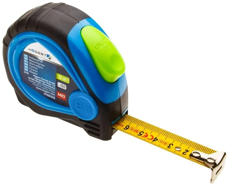 Hogert Juostinis matas 8 m x 25 mm, MID sertifikuotas, teflonu dengta geležtė