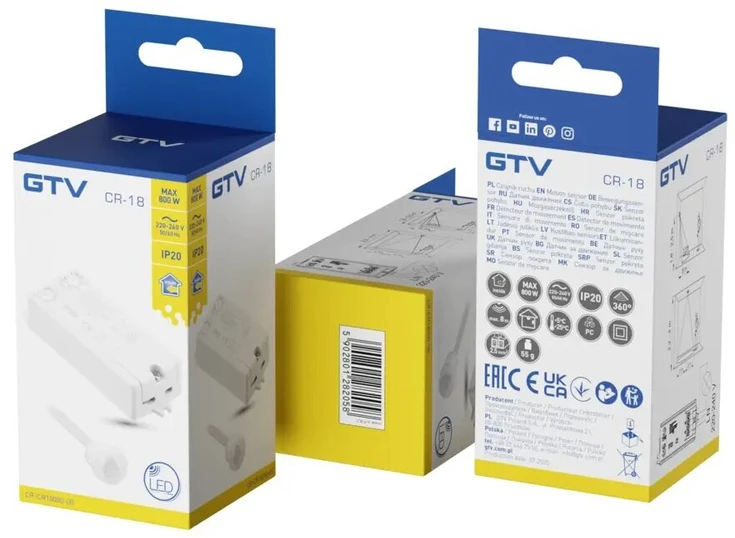 GTV Judesio jutiklis CR-18, maks.800W, AC220-240V, 50/60Hz, 360°, maks.8m, IP20, taip pat LED