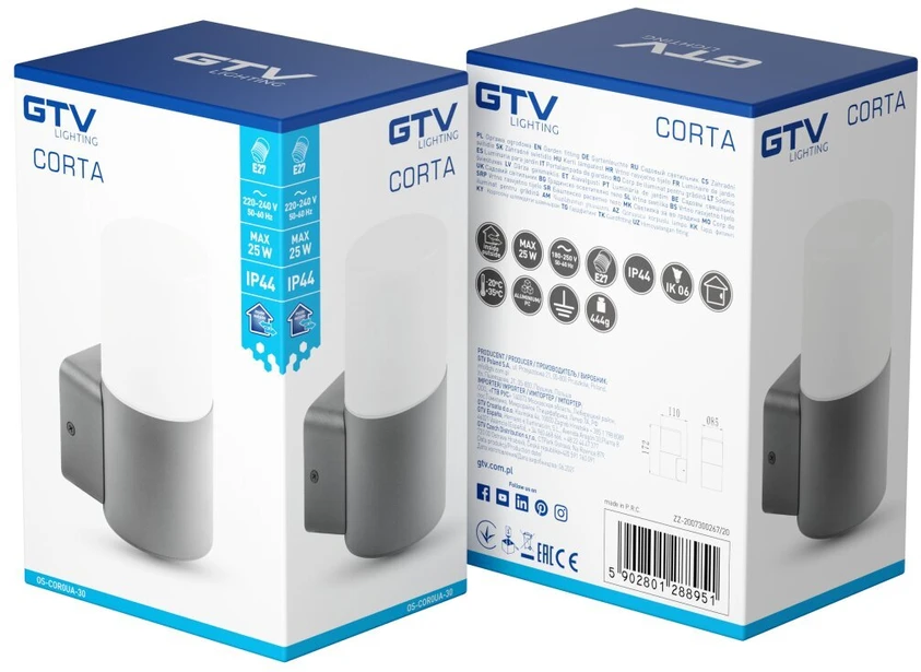 GTV Sodo šviestuvas CORTA-AU,E27,MAX.25W,IP44,AC220-240V,50-60Hz,viršutinė tiesi sieninė lempa