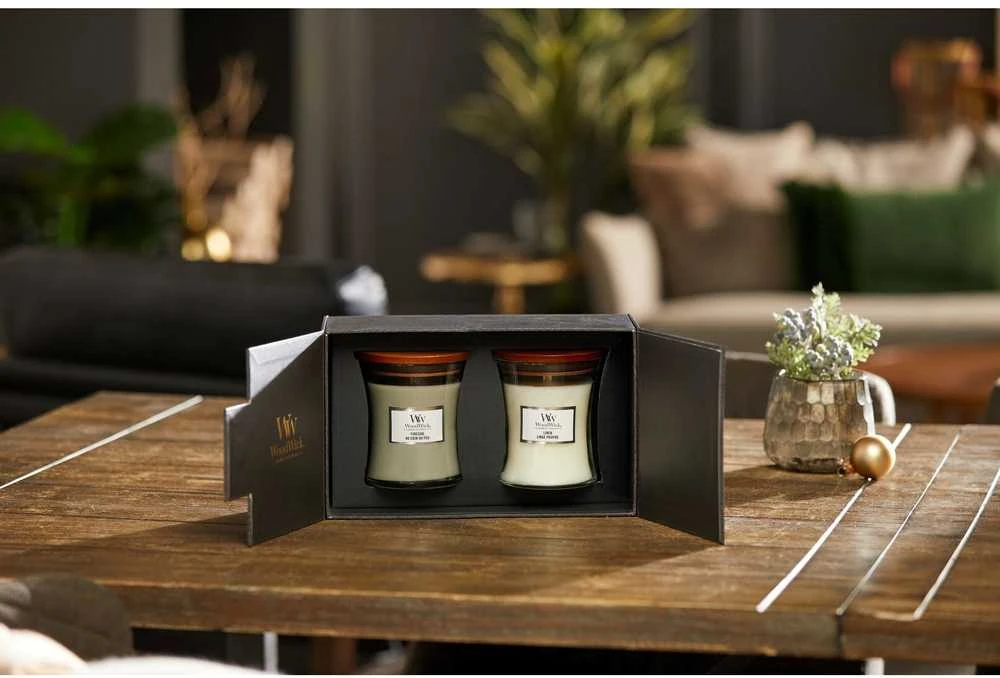 WoodWick Aromatinių žvakių rinkinys (Fireside, Linen), 2 x 275 g