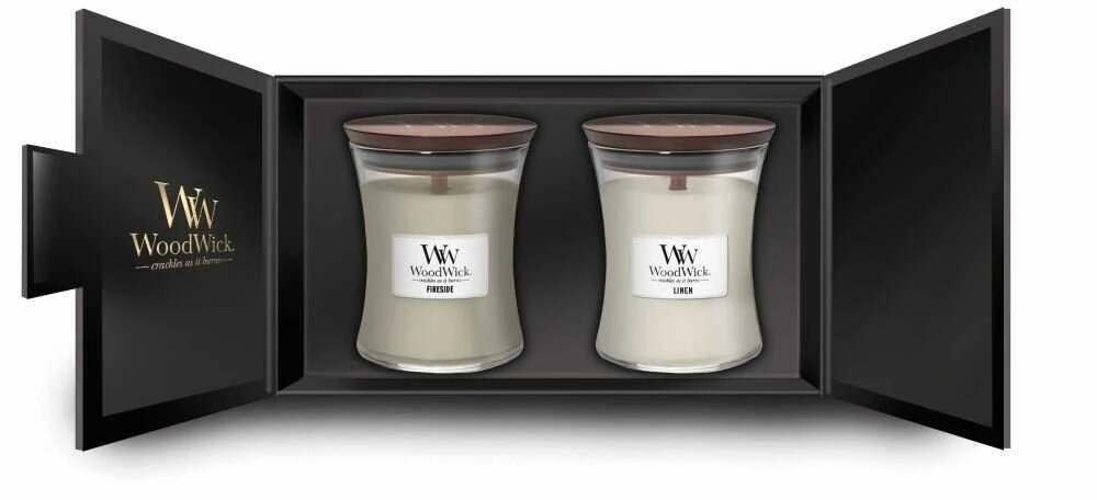 WoodWick Aromatinių žvakių rinkinys (Fireside, Linen), 2 x 275 g