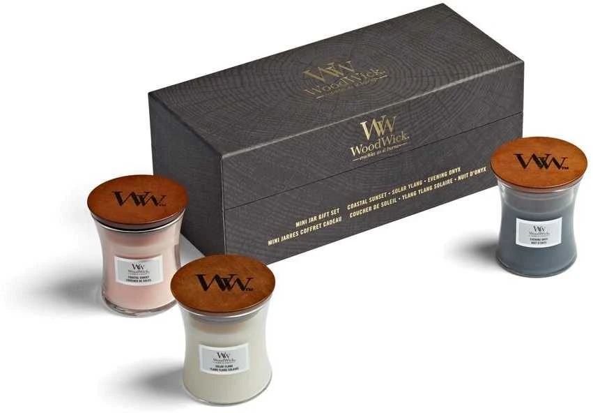 WoodWick Aromatinių žvakių rinkinys (Evening Onyx, Solar Ylang, Coastal Sunset), 3 x 85 g