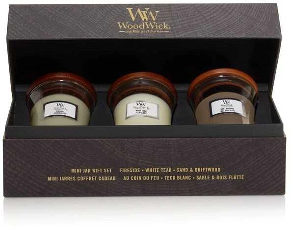WoodWick Aromatinių žvakių rinkinys (Fireside, White Teak, Sand & Driftwood), 3 x 85 g