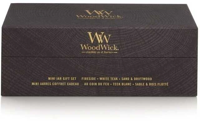 WoodWick Aromatinių žvakių rinkinys (Fireside, White Teak, Sand & Driftwood), 3 x 85 g