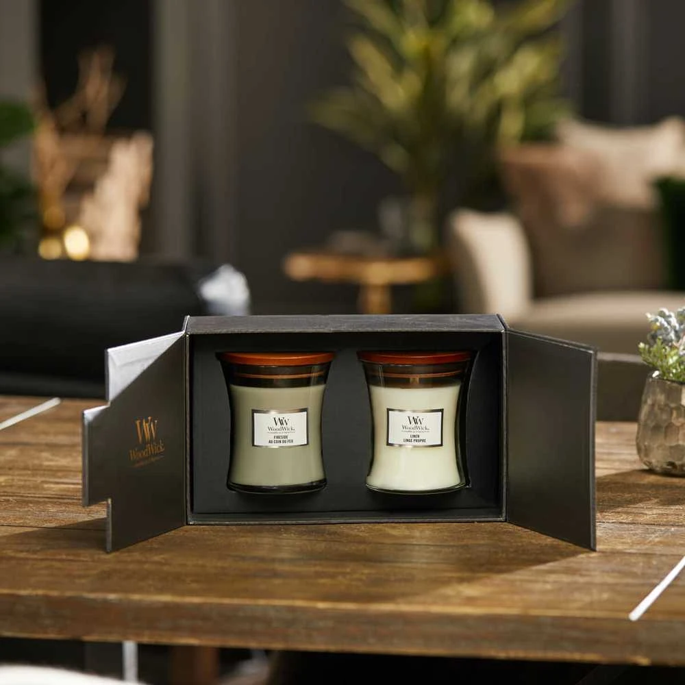 WoodWick Aromatinių žvakių rinkinys (Fireside, Linen), 2 x 275 g
