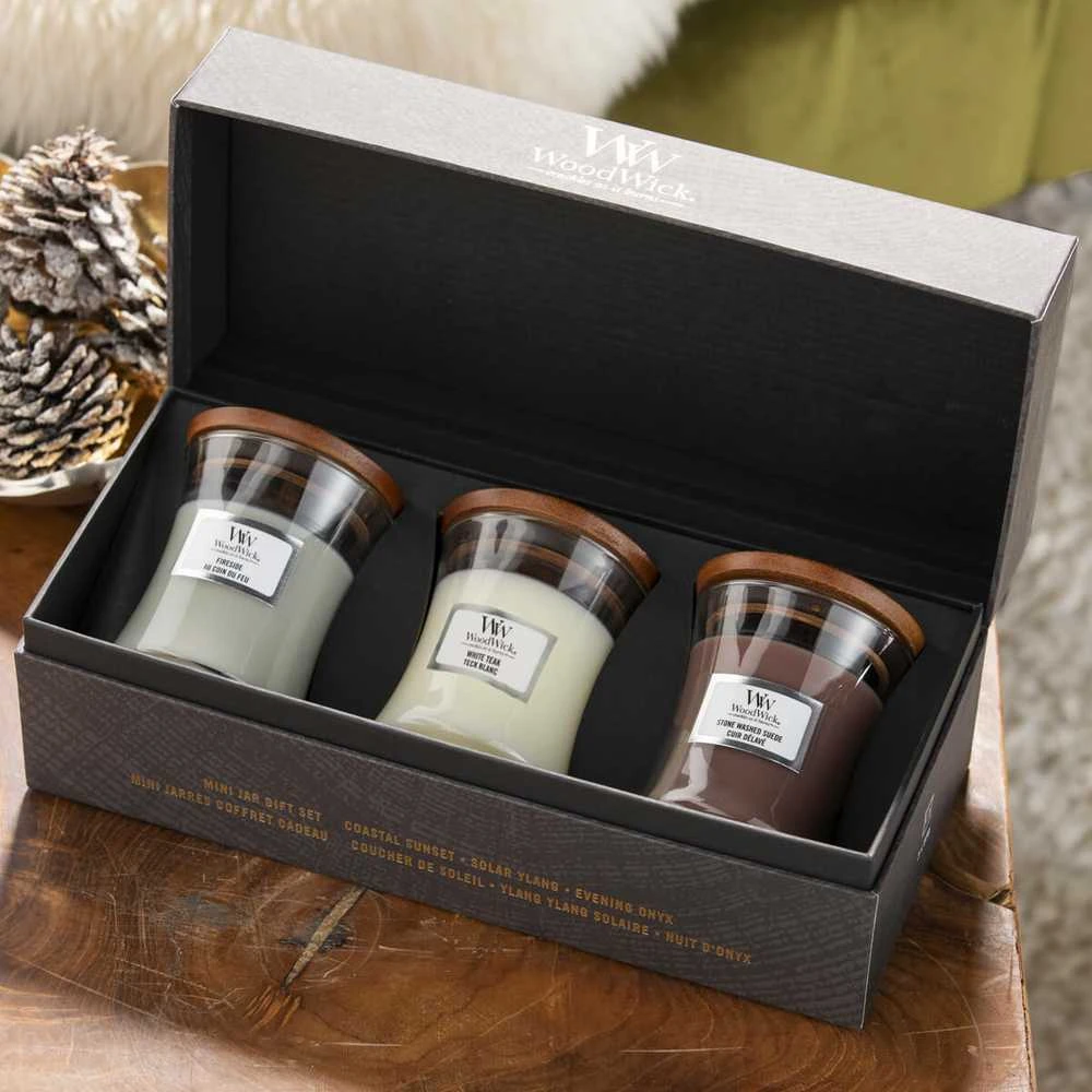 WoodWick Aromatinių žvakių rinkinys (Fireside, White Teak, Sand & Driftwood), 3 x 85 g