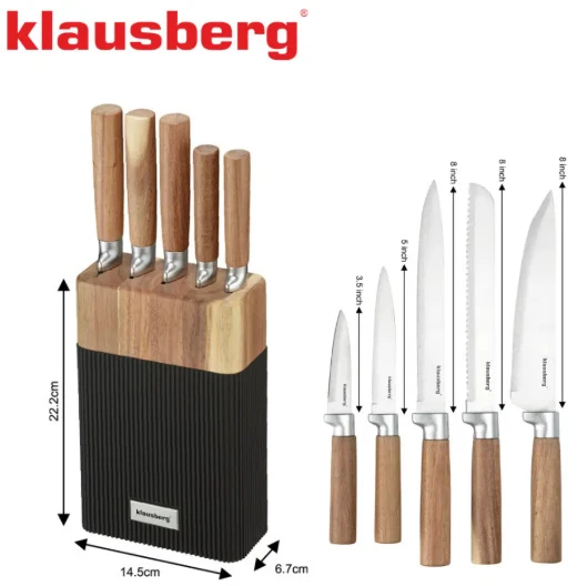 6 dalių peilių rinkinys su akacijos bloku, nerūdijantis plienas, Klausberg, KB 7981
