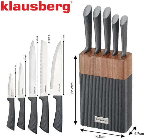 6 dalių peilių rinkinys su akacijos bloku, nerūdijantis plienas, Klausberg, KB 7979