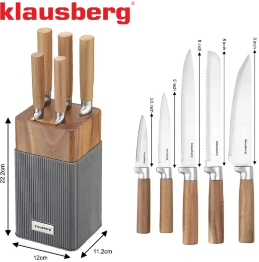 6 dalių peilių rinkinys su akacijos bloku, nerūdijantis plienas, Klausberg, KB 7983