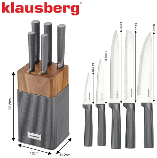 6 dalių peilių rinkinys su akacijos bloku, nerūdijantis plienas, Klausberg, KB 7982