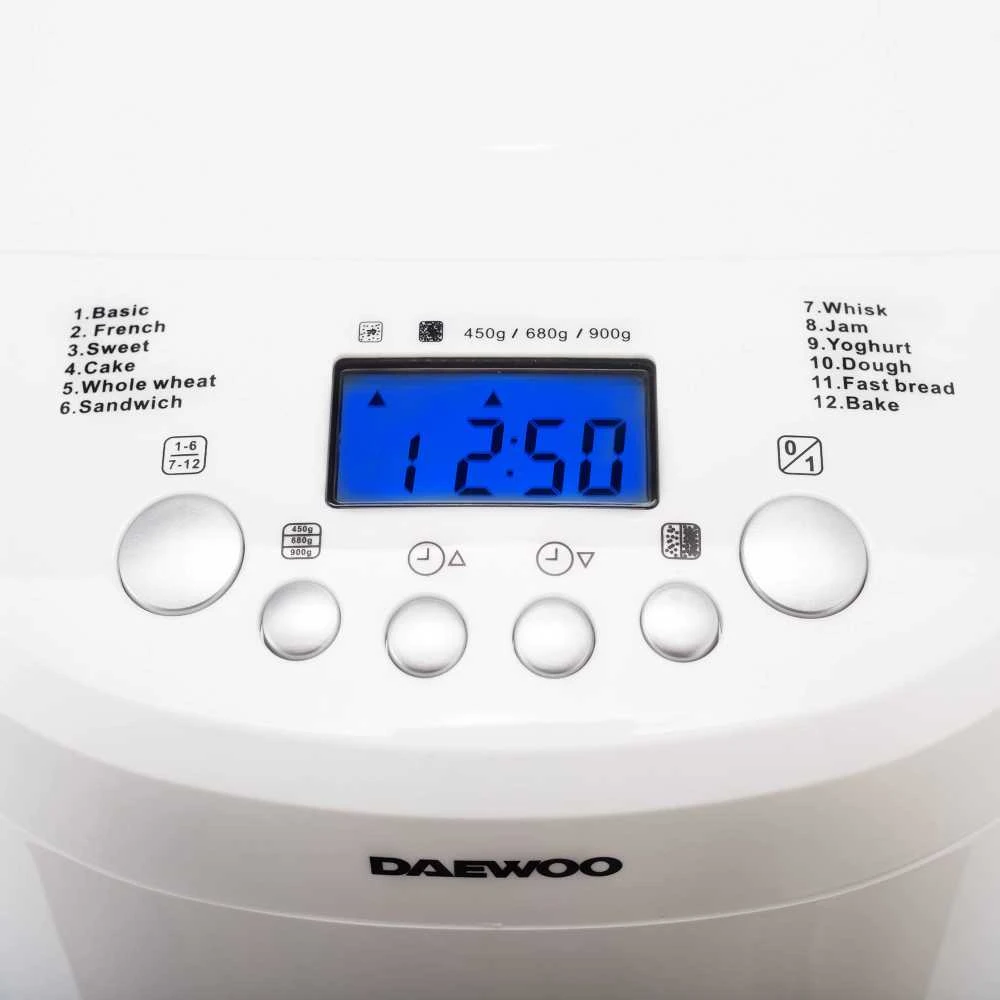 Duonkepė Duonos kepimo aparatas Daewoo DBM 600W, 600W, 900 g, 2 apskrudinimo lygiai, 12 programų, laikmatis,
