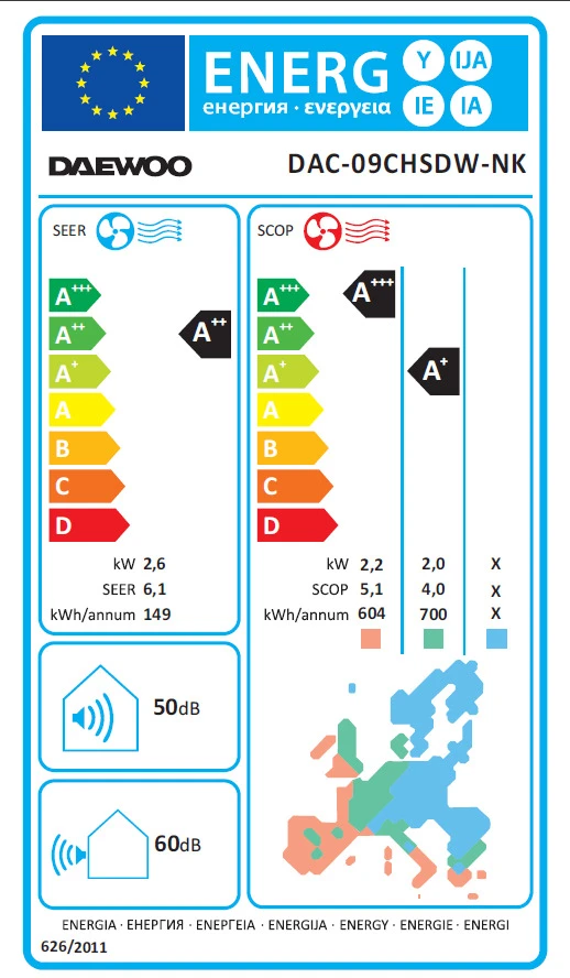 Daewoo“ oro kondicionierius DAC 09CHSDW NK, 9000 Btu, inverterinis, „Wi-Fi“ funkcija, energijos klas