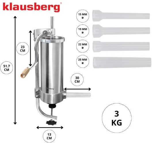 Mėsmalė Nadziewarka Dešrų kimštuvas, 3kg talpos, vertikalus, nerūdijančio plieno, Klausberg, kb-7926