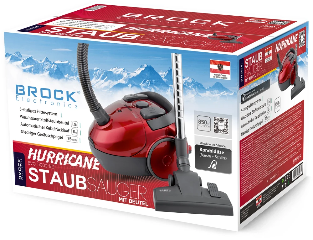 „Brock“ dulkių siurblys | BVC5002RD | Su maišeliu | Galia 850 W | Dulkių talpa 1,5 l | Raudona