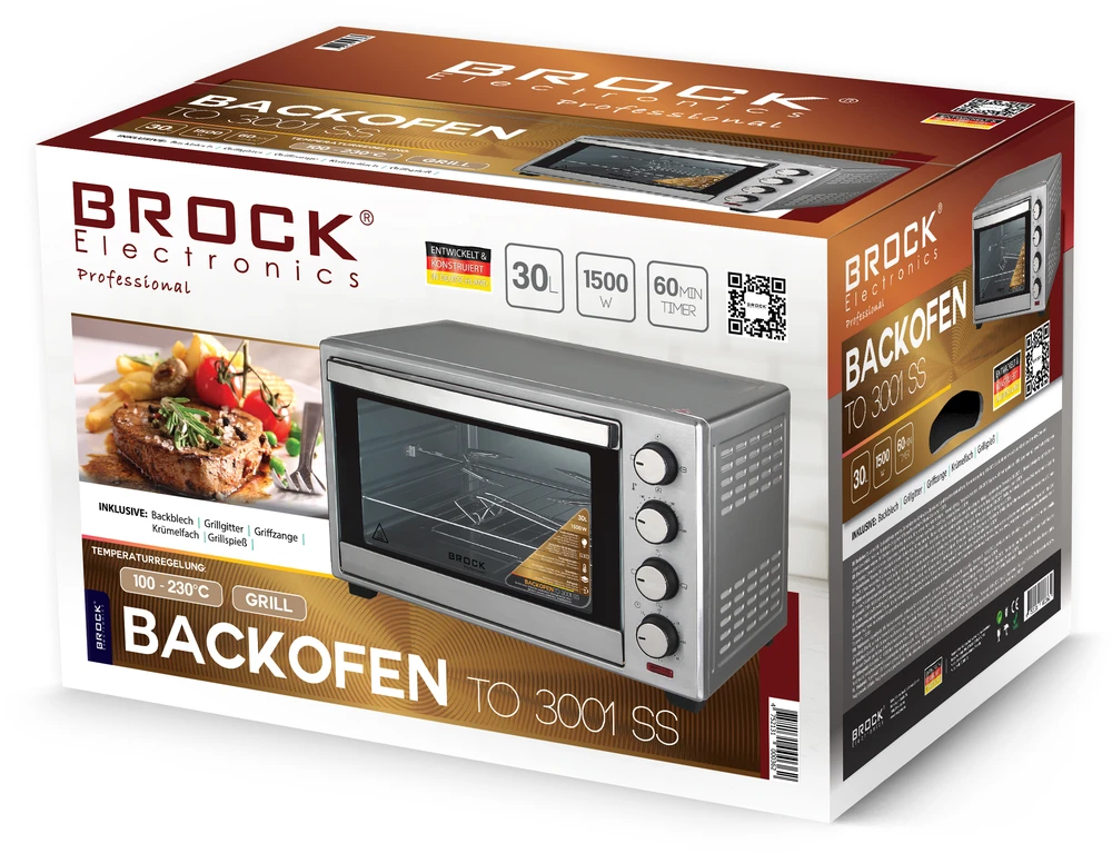 Elektrinė krosnelė Orkaitė su konvekcijos ir grilio funkcija BROCK TO 3001 SS 30L, 1600W