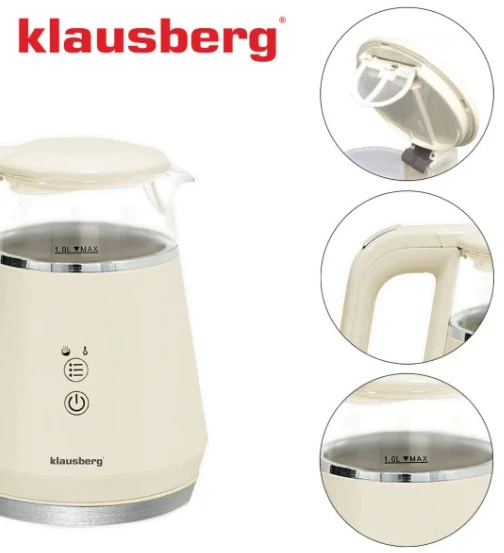 Elektrinis virdulys Klausberg KB 7893 pagamintas iš stiklo su LED skydeliu, tūris 1,0 l ir galia 110