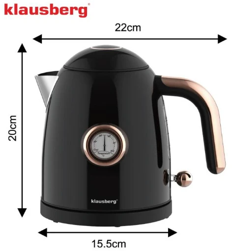 Elektrinis virdulys su termometru, nerūdijančio plieno, juodas, 1,0 l, 1200 W, KB 9017, Klausberg