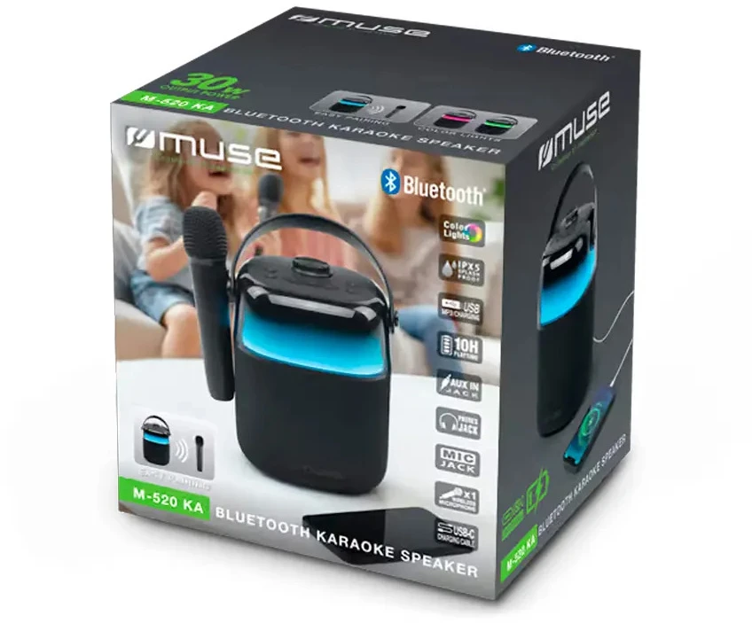 Įkraunama Bluetooth karaoke garso sistema su belaidžiu mikrofonu ir lengva muzika, 30 W, MUSE, M 5