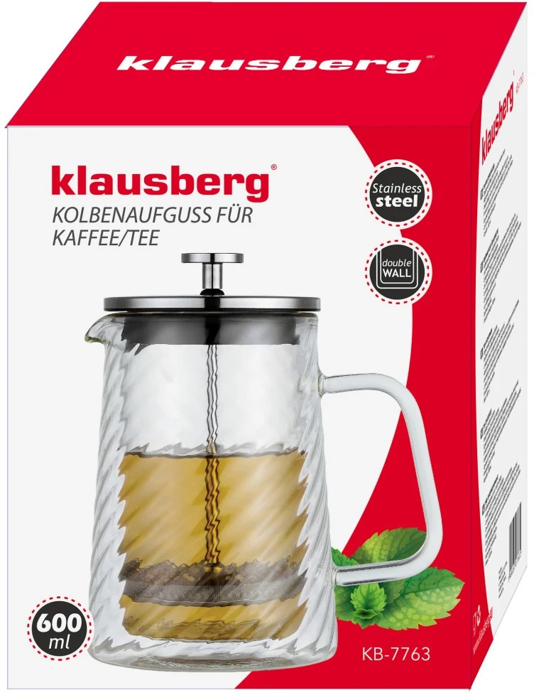 Zaparzacz Stūmoklinis kavos/arbatos virimo aparatas, stiklinis, 0,60 l, Klausberg, kb-7763