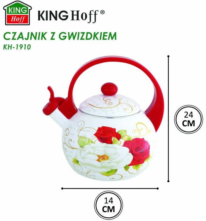 King Hoff Arbatinukas su švilpuku, emaliuotas plienas, raudonas su baltų rožių raštu, 2 l, KINGHoff, KH 1910