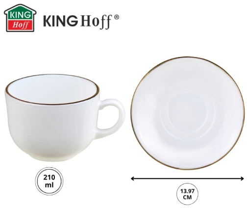 King Hoff Puodelių rinkinys, 210 ml, 12 vnt., apvalūs, opalo balti su auksu, KINGHoff KH 1929