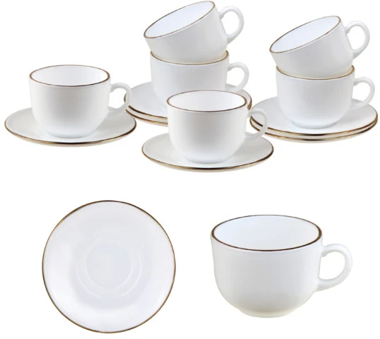 King Hoff Puodelių rinkinys, 210 ml, 12 vnt., apvalūs, opalo balti su auksu, KINGHoff KH 1929