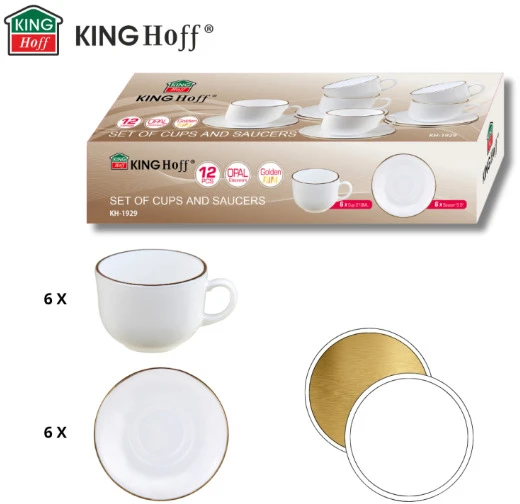 King Hoff Puodelių rinkinys, 210 ml, 12 vnt., apvalūs, opalo balti su auksu, KINGHoff KH 1929