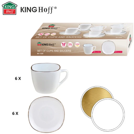 King Hoff Puodelių rinkinys, 220 ml, 12 vnt., kvadratiniai, opalo balti su auksu, KINGHoff KH 1930