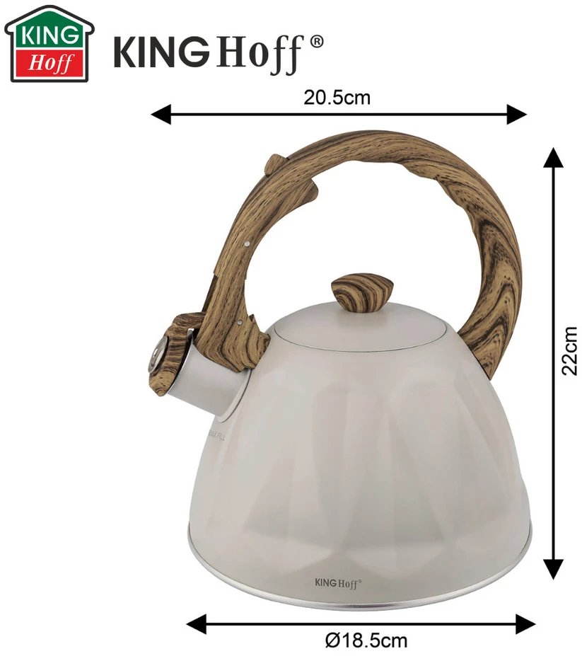 King Hoff Švilpiantis virdulys, nerūdijančio plieno, smėlio spalvos su medžio imitacijos elementais, 2,0 l, Ki