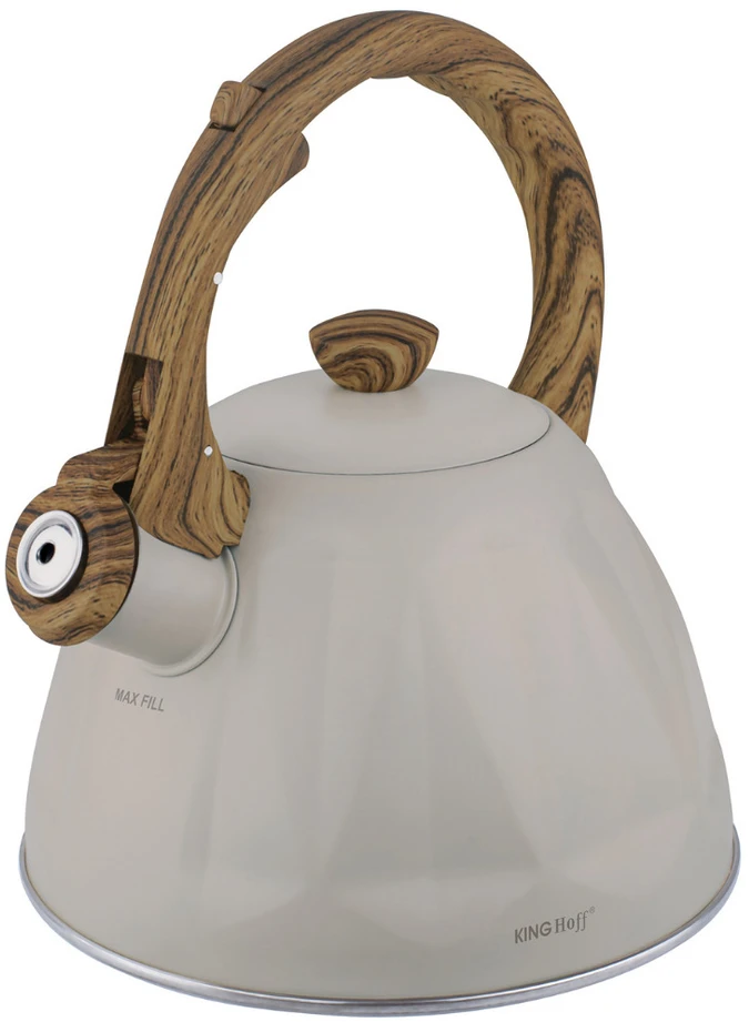 King Hoff Švilpiantis virdulys, nerūdijančio plieno, smėlio spalvos su medžio imitacijos elementais, 2,0 l, Ki