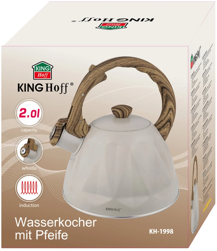 King Hoff Švilpiantis virdulys, nerūdijančio plieno, smėlio spalvos su medžio imitacijos elementais, 2,0 l, Ki