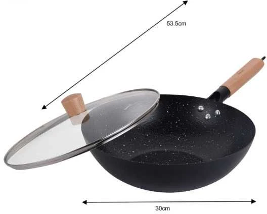 King Hoff Wok Keptuvė su dangčiu, 30 cm, anglinio plieno, marmurinė nelimpanti danga, medinė rankena, „Kinghoff“, kh-1984