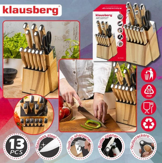 Rinkinys 8 dalių peilių ir lentelių rinkinys su organizatoriumi, medinis, nerūdijantis plienas, Klausberg, kb-9037