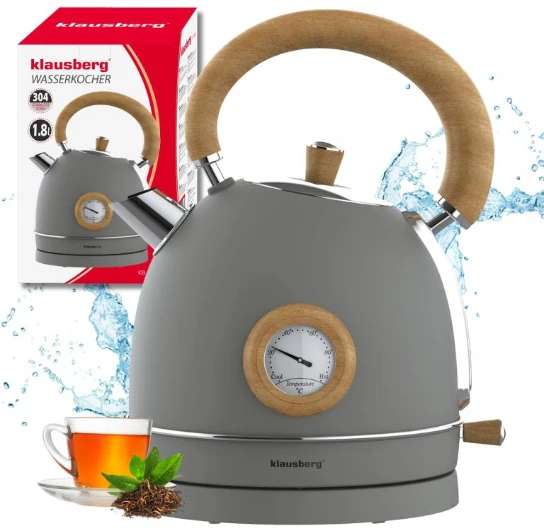 Klausberg Elektrinis virdulys su termometru, nerūdijančio plieno, pilkos spalvos su medžiu, 1,8 l, 2200 W, KB