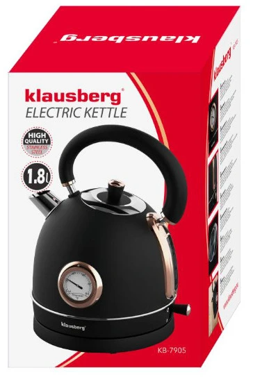 Klausberg Elektrinis virdulys su termometru, nerūdijančio plieno, juodos/rožinio aukso spalvos, 1,8 l, 2200 W,