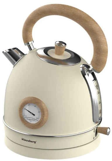 Virdulys, Elektrinis virdulys su termometru, nerūdijančio plieno, kreminės spalvos su mediena, 1,8 l, 1850–2200 W, klausberg, kb-7906