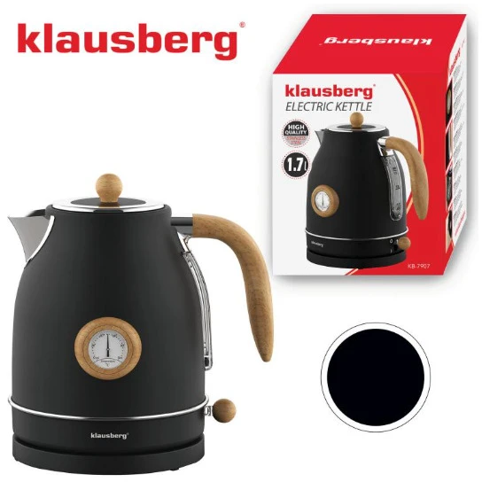 Klausberg Elektrinis virdulys su termometru, nerūdijančio plieno, juodas su medžio detalėmis, 1,7 l, 2200 W, K