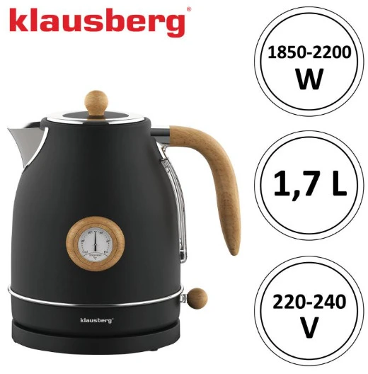 Klausberg Elektrinis virdulys su termometru, nerūdijančio plieno, juodas su medžio detalėmis, 1,7 l, 2200 W, K